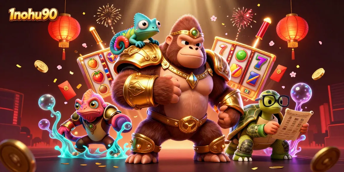 Engage in exciting gameplay with 1nohu90 as a powerful gorilla king stands strong beside a colorful chameleon and wise tortoise in a vibrant casino scene.