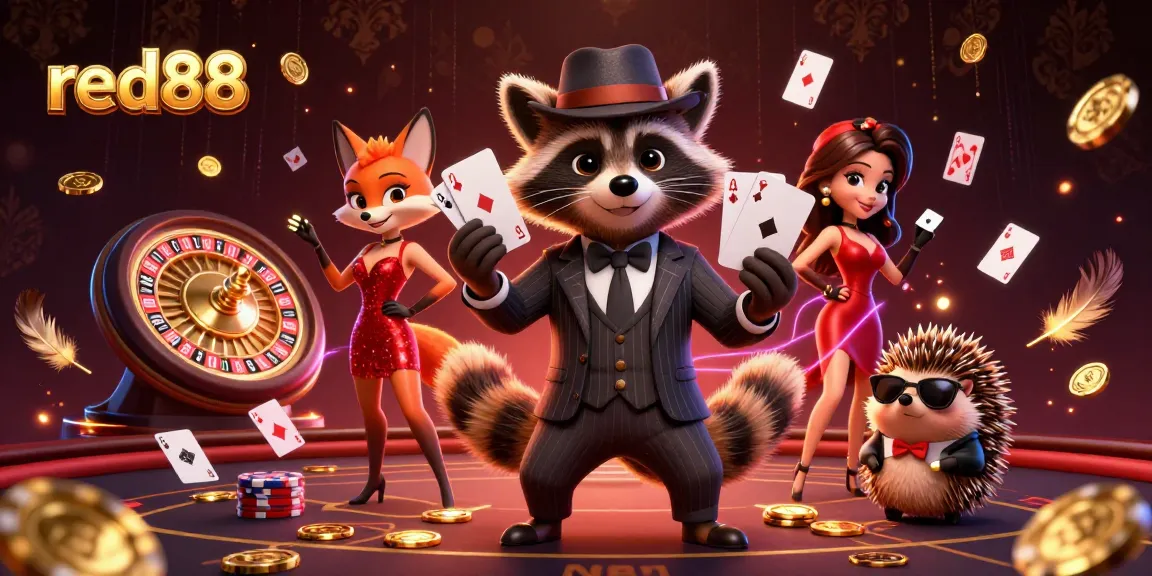 Experience thrilling gaming at red88 with a stylish raccoon, fox lady, and hedgehog amidst casino action.