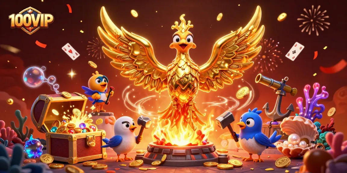 Win big at 100VIP with a vibrant golden phoenix and exciting casino elements in dynamic action.