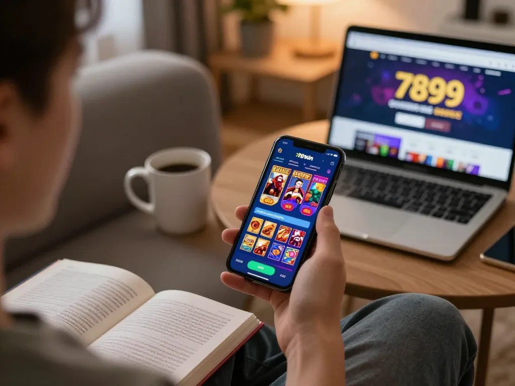 Player engaging with the 789win mobile app, strategizing for online gambling success on their smartphone.