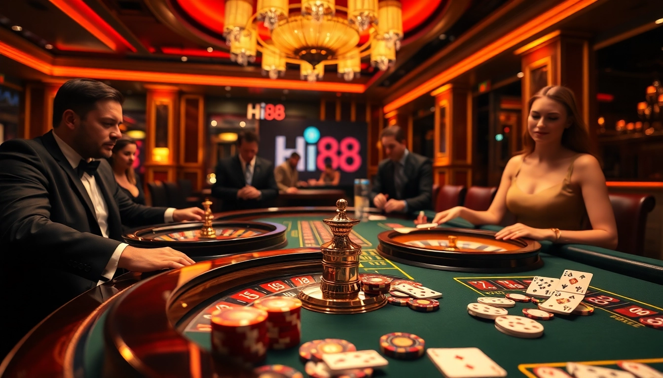 Experience thrilling gaming action at Hi88 with luxurious casino ambiance, roulette, and poker excitement.