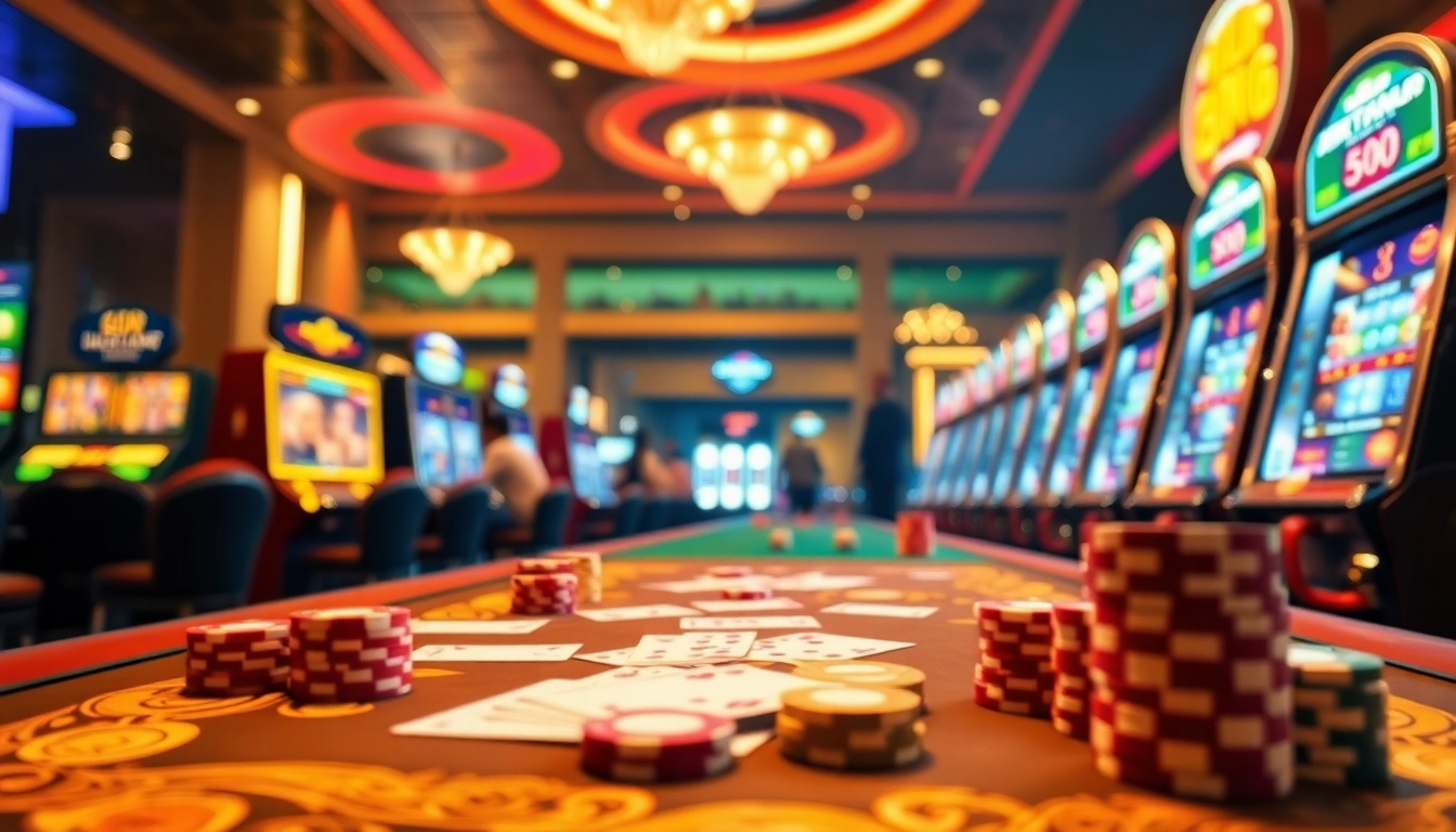 Exciting gaming action at Nhà Cái GO88 with vibrant casino tables and neon slot machines.