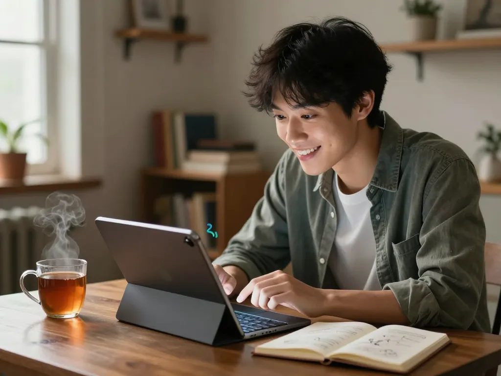 A user engages in an AI sex chat on a tablet, highlighting a cozy home atmosphere with a warm glow.