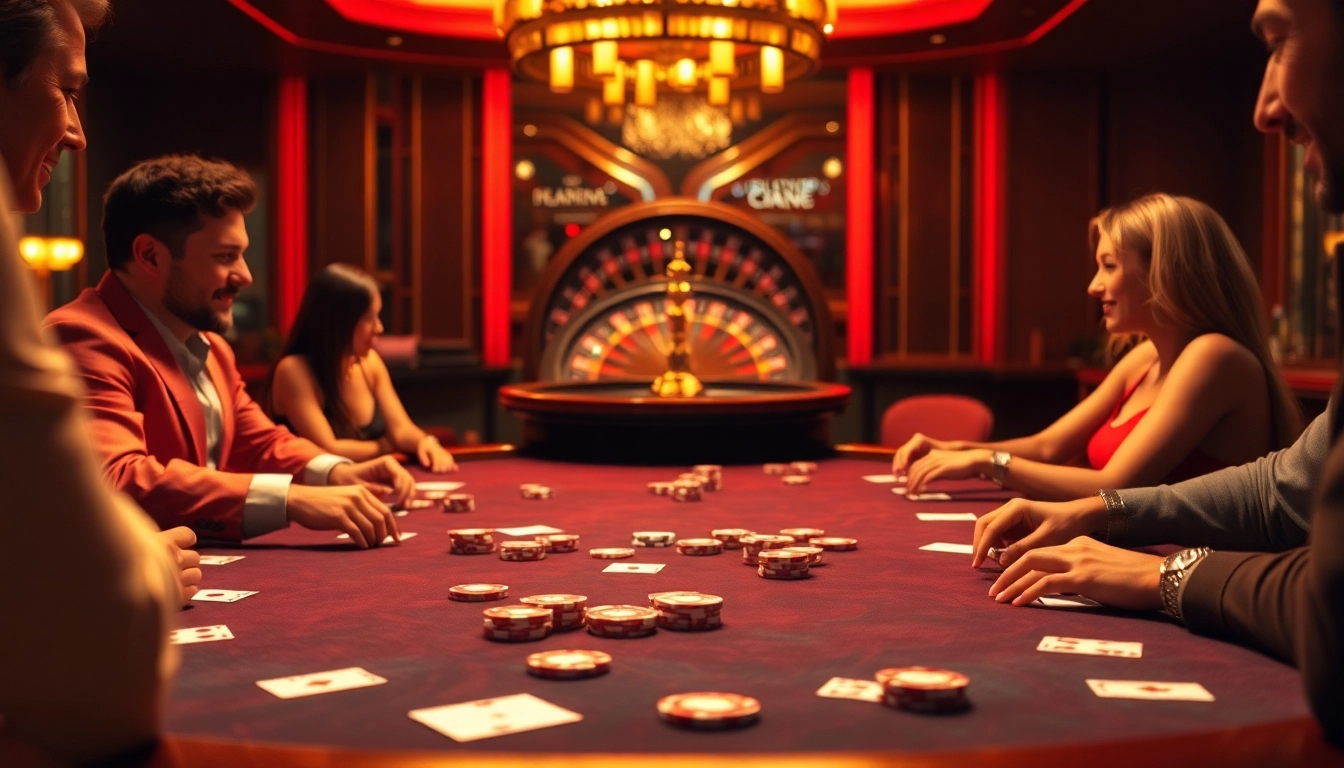 Players enjoying a thrilling poker game at U888 casino, showcasing excitement and luxury.