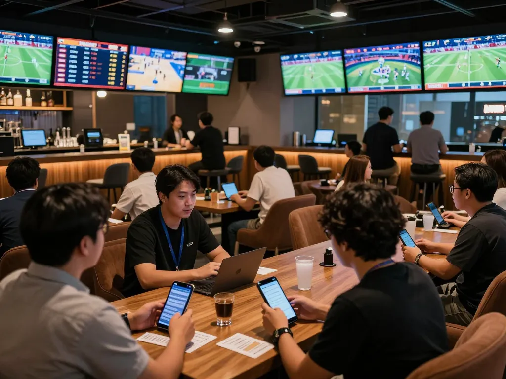 Bongdalu sports fans eagerly placing bets in a vibrant lounge, showcasing live betting enthusiasm.