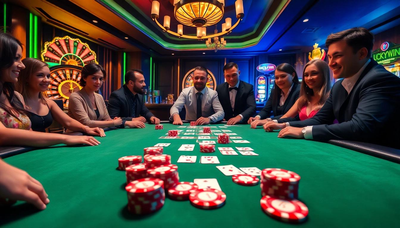 Luckywin players enjoying a thrilling poker game at a luxurious casino table.