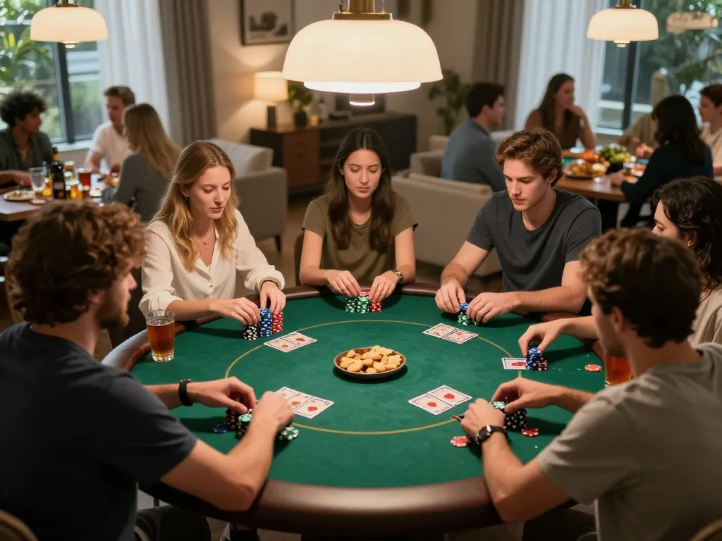 PHTAYA players engaged in an exciting poker night at home, surrounded by snacks and friends.