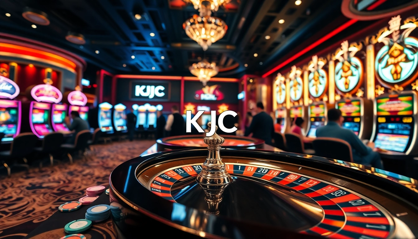 Experience KJC casino excitement with vibrant poker chips and roulette in a luxurious setting.