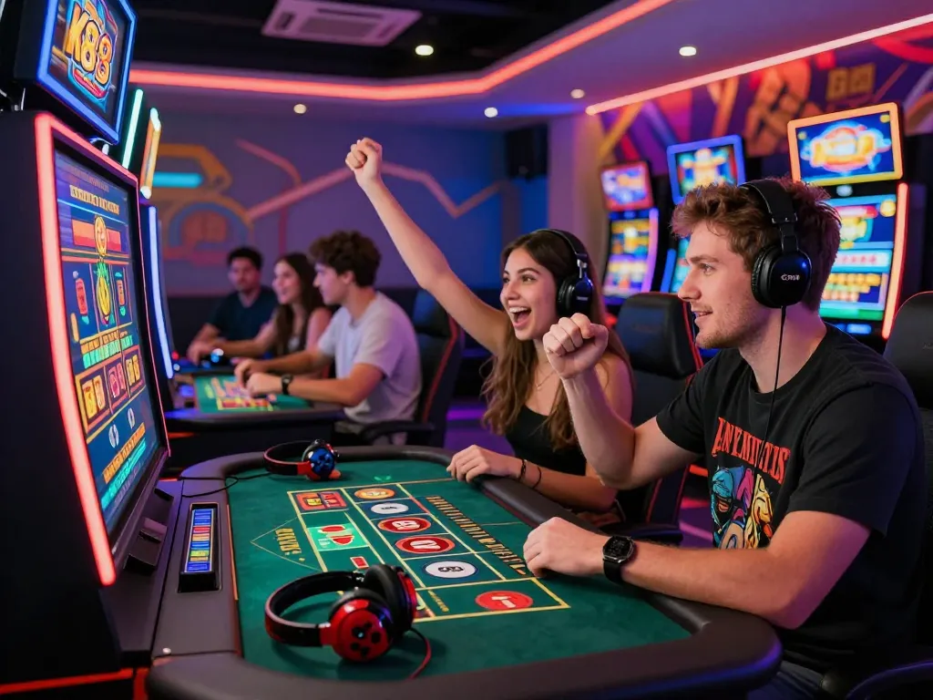 Friends enjoying K88 games in a modern gaming lounge focused on live casino and slot excitement.