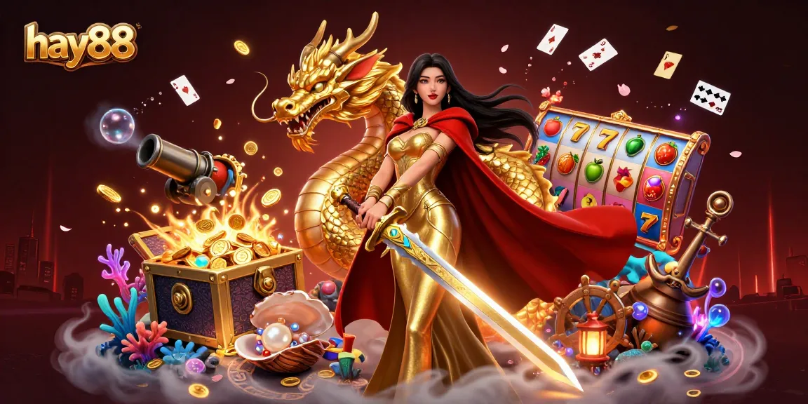 Experience the allure of gaming at hay88 with vibrant slot reels and dynamic treasures amidst a warrior queen.