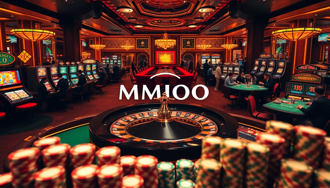 Gamblers enjoying an engaging game at MMOO's luxurious casino with vibrant roulette table and slots.