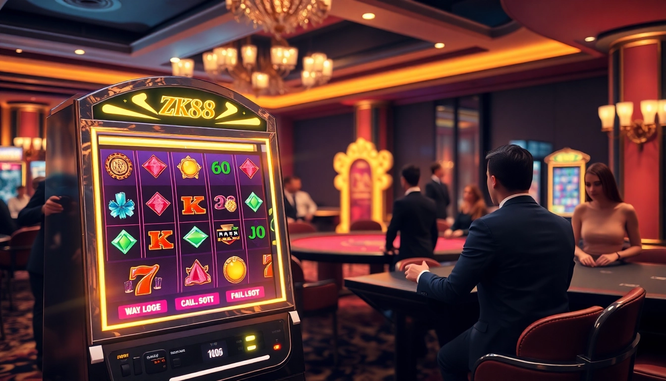 Excited players spinning the ZK88 slot machine in a vibrant casino setting.