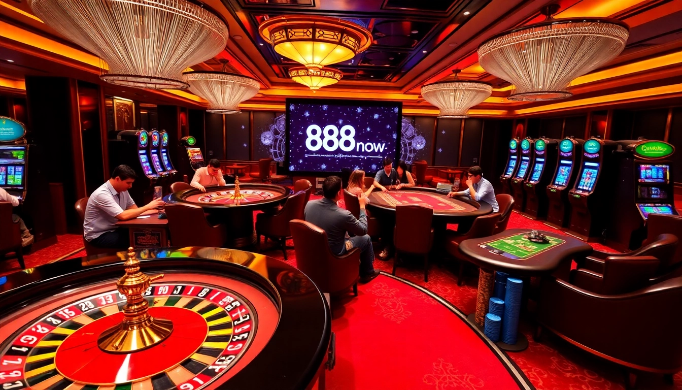 Players experiencing excitement at the 888now casino tables with vibrant roulette wheels.