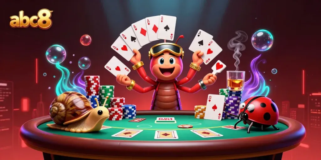 Engage in thrilling poker action with abc8, featuring a whimsical dealer and vibrant casino elements.