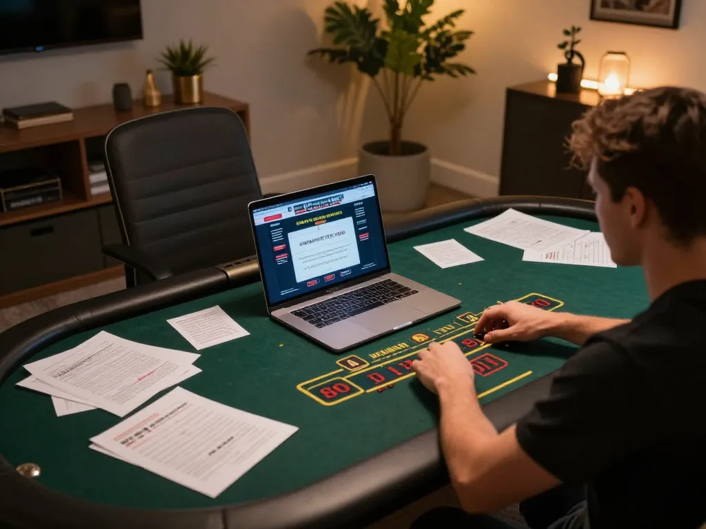 Win678 player enjoying engaging blackjack game on laptop, strategic notes visible, cozy atmosphere.
