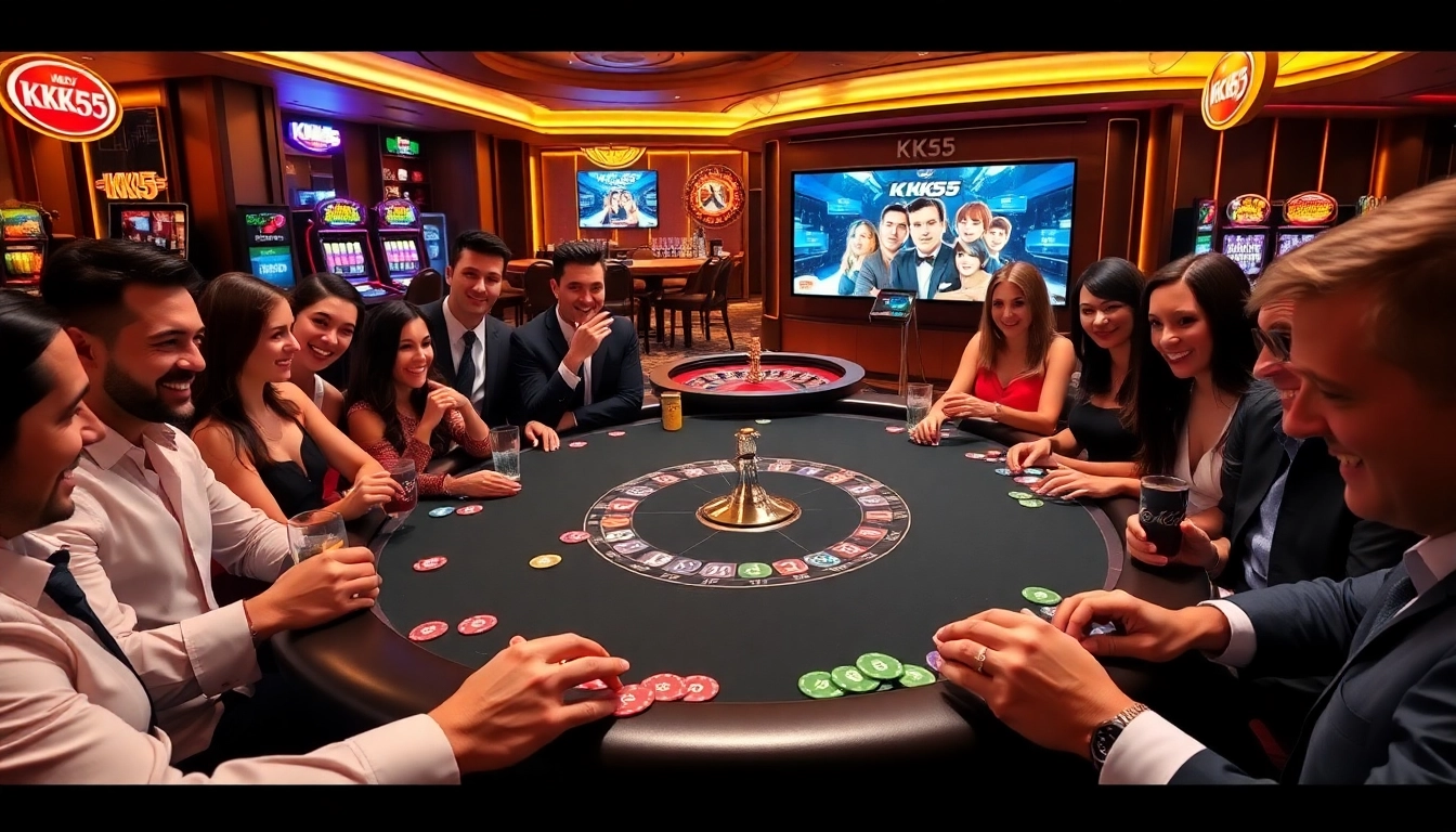 Players enjoying poker at KK55 casino, showcasing chips and cards in an exciting environment.