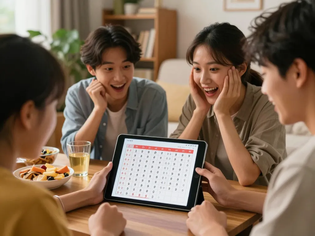 Friends cheering for lotto 9 4d results in cozy living room with tablet display