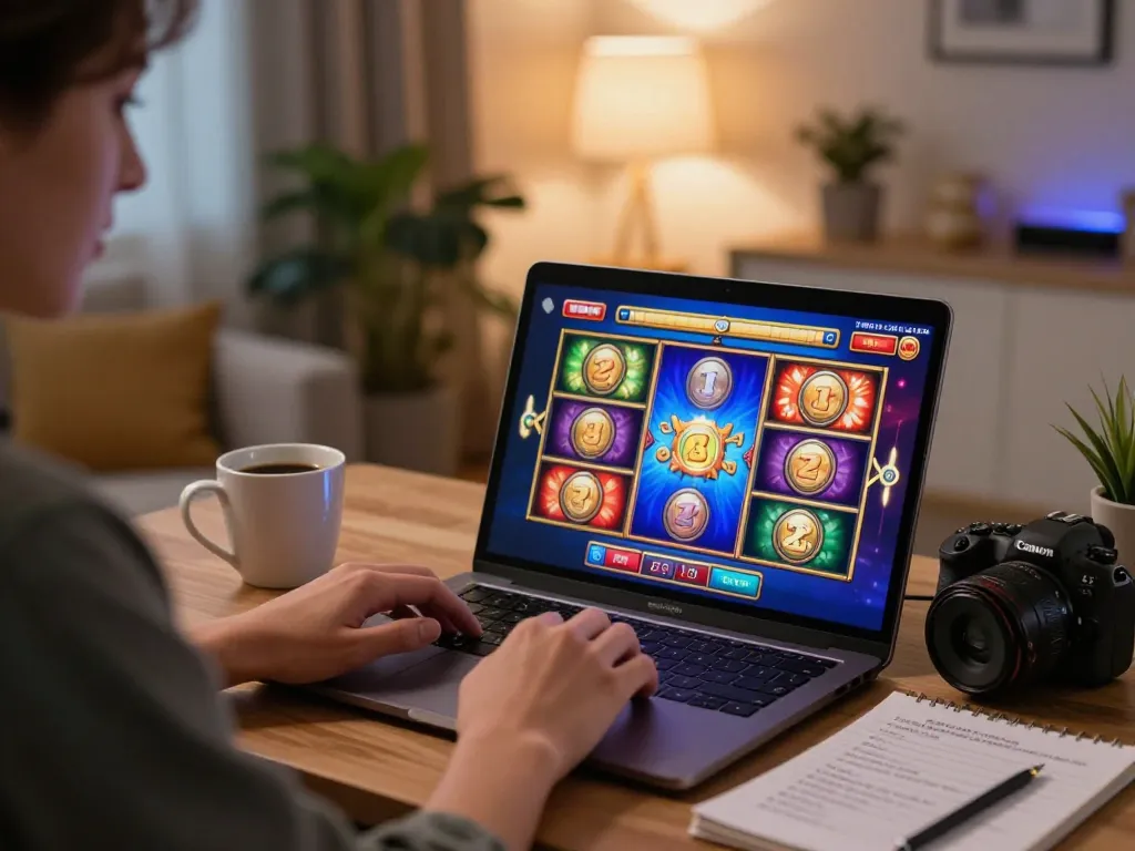 Engaged player enjoying Slot Malaysia game on laptop at home, focusing on strategy notes in warm light.