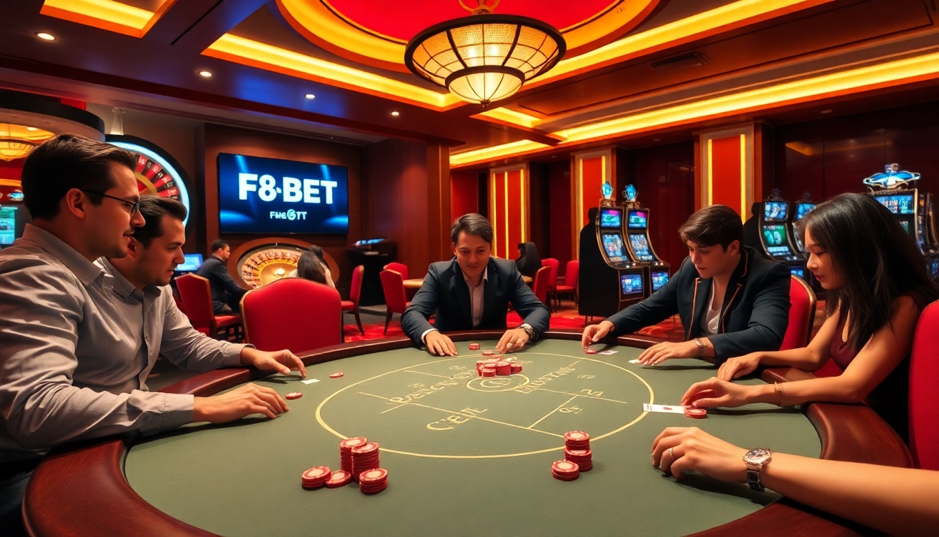 Experience the excitement of F8BET at a luxurious casino table with vibrant gaming elements.