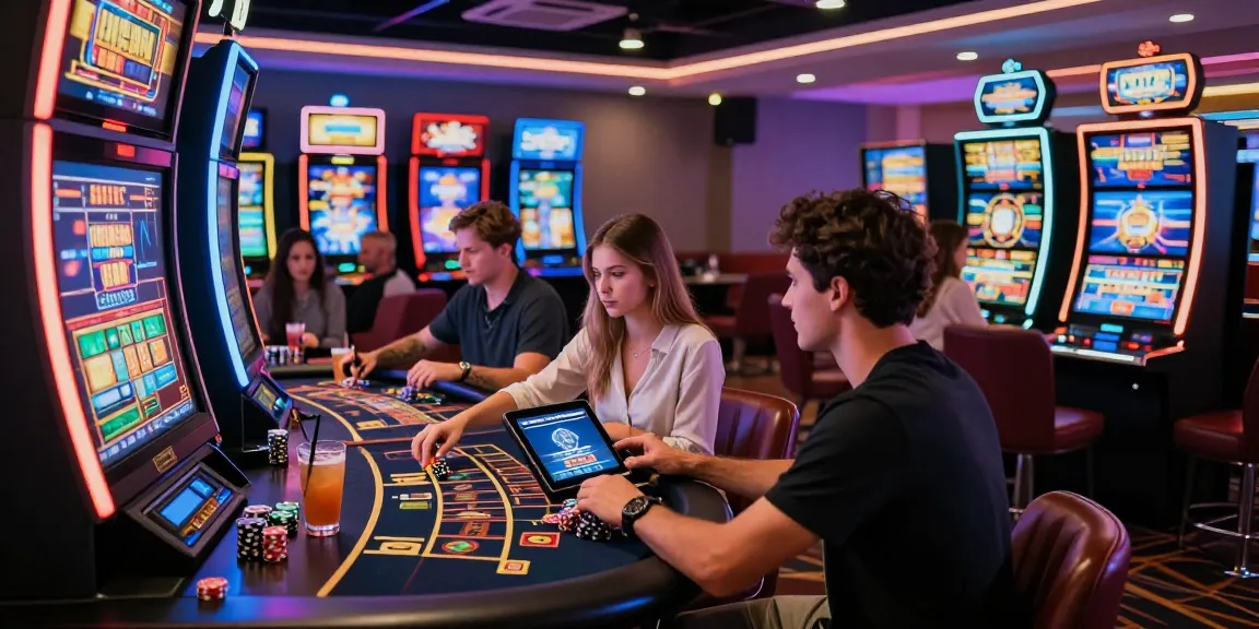 A diverse group of players at https://eviz.org.uk enjoying vibrant games in a modern casino atmosphere.