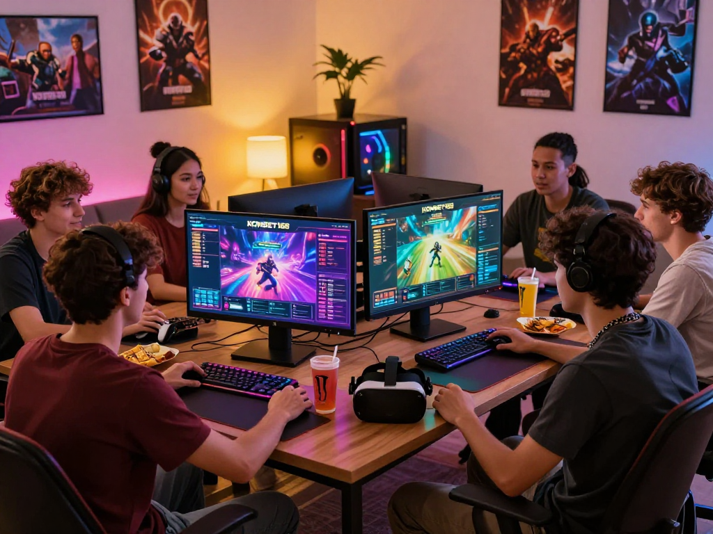 KOMBET168 gaming excitement with friends in a vibrant atmosphere, showcasing engagement and action.
