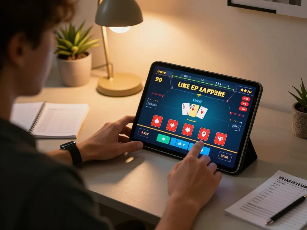 Fun79 player engaging in live blackjack online, showcasing strategic gameplay at home with tablet.