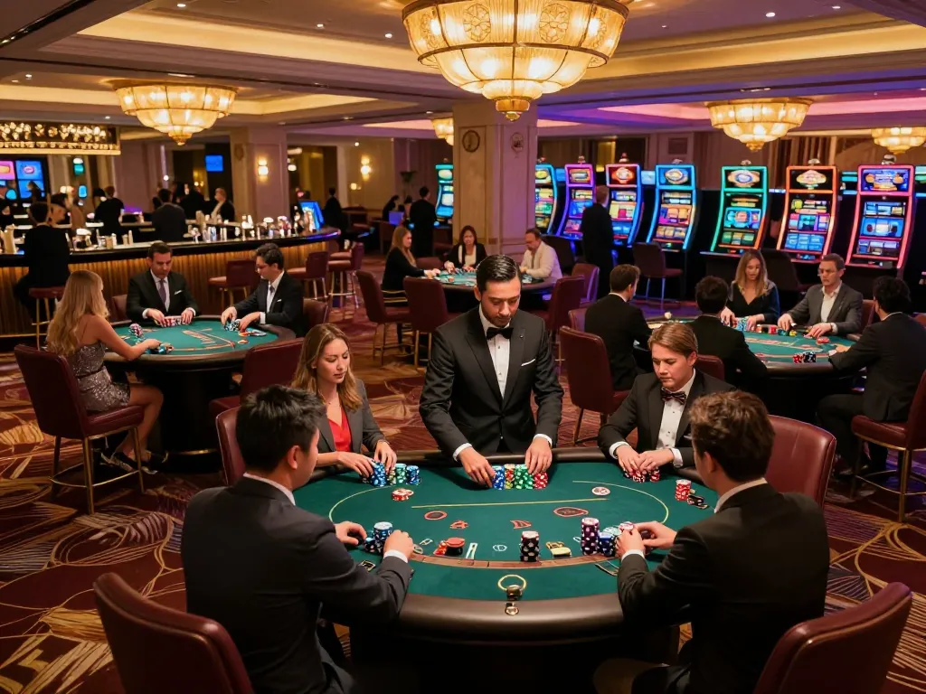 Engaged players at trang chủ az888 blackjack table in a luxurious casino setting, professional gameplay atmosphere.