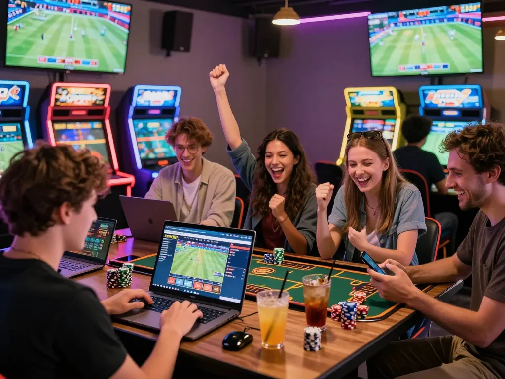 Exciting gaming scene at XX 88 with players celebrating wins and engaging with the platform in a vibrant lounge setting.