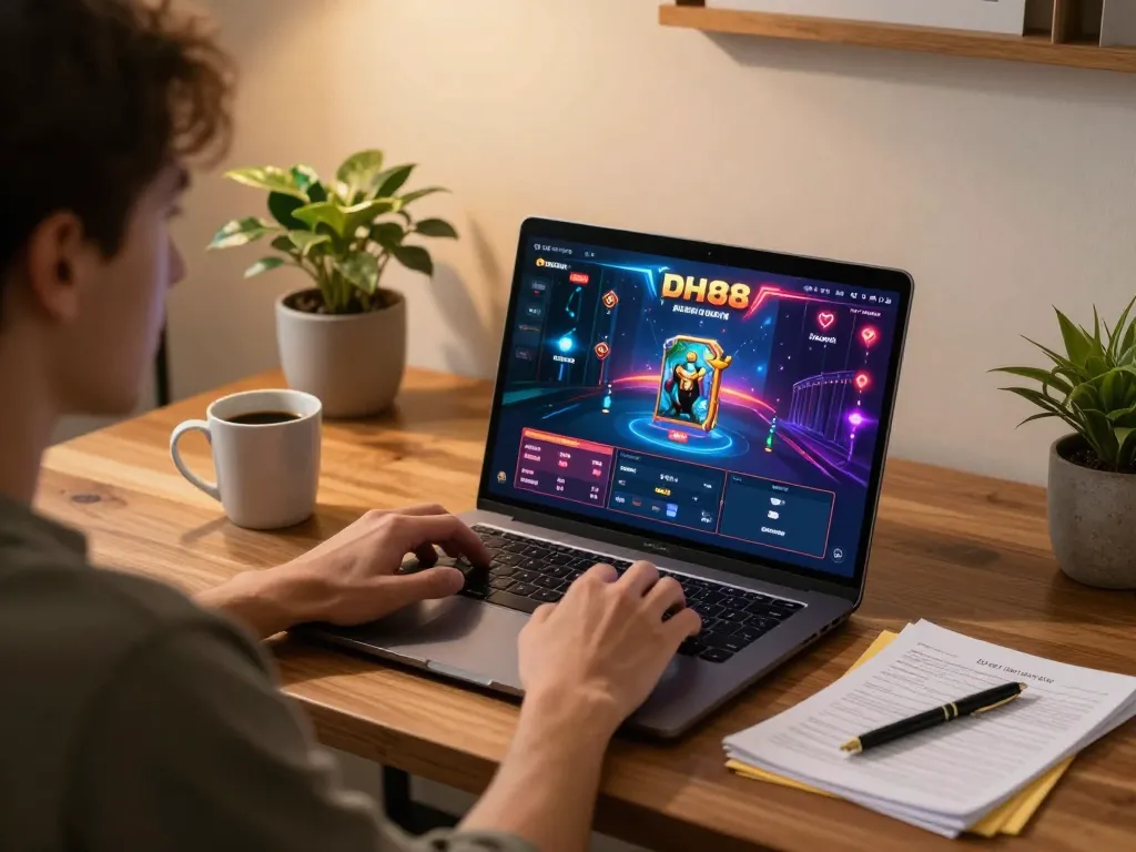 Engaging player enjoying the dh88 game at home with modern decor and focused atmosphere