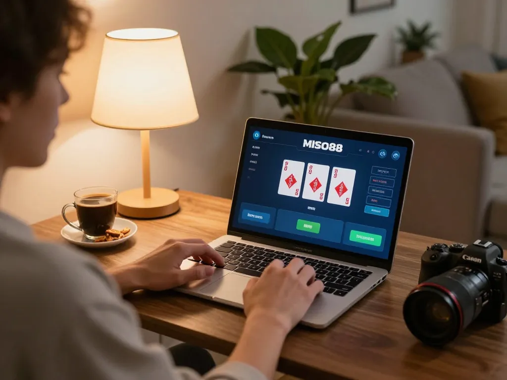 MISO88 player engaging in online poker with warm ambiance and modern decor