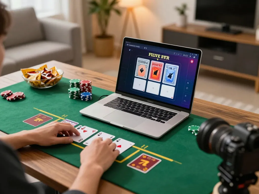 Person engaging in mb66 online blackjack with laptop and snacks in cozy home office
