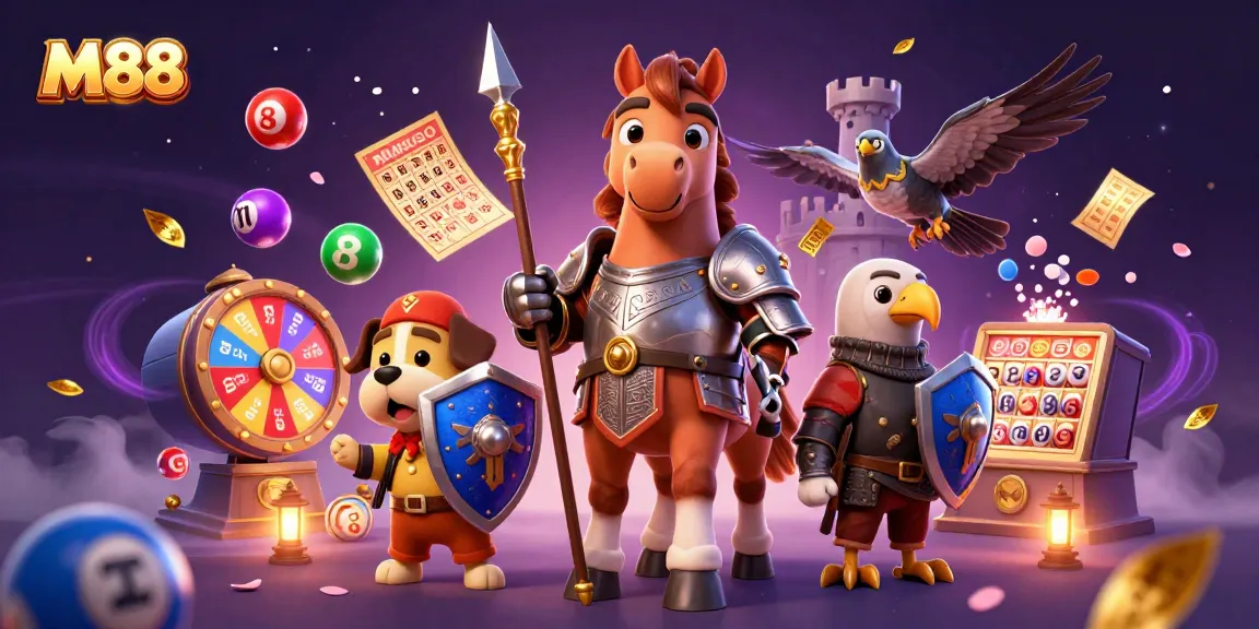 M88 offers colorful gambling excitement with a knight and puppy in a dynamic casino scene.