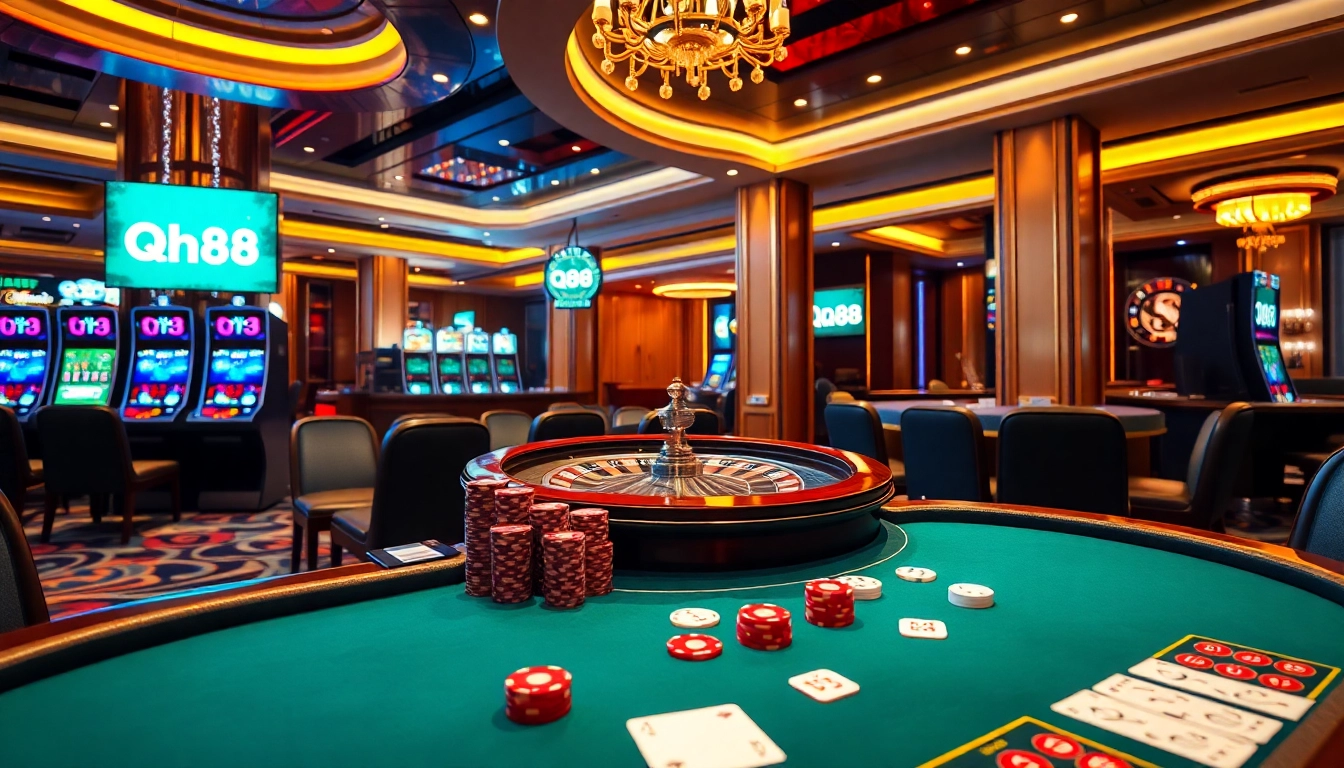 Experience thrilling gameplay at QH88 casino with luxurious tables, chips, and vibrant ambiance.