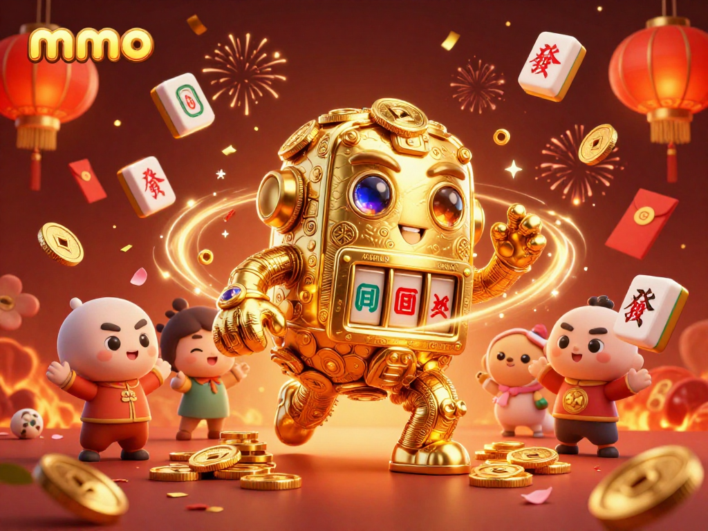 Experience excitement with mmoo as golden golems swirl amidst festive elements and casino symbols.