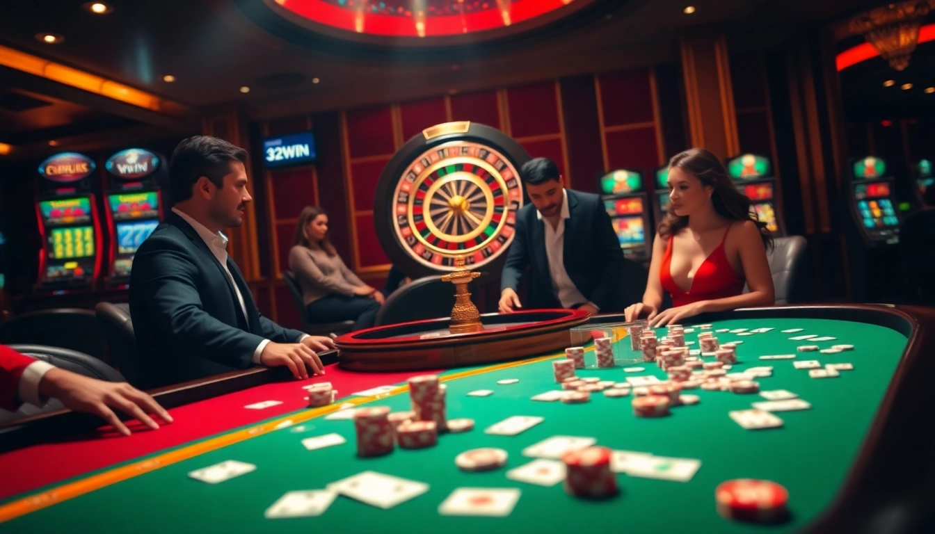 Experience the excitement of 32WIN with dynamic casino gaming, including roulette wheels and vibrant slot machines.
