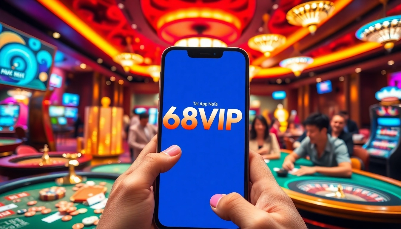 Tải App Nhà Cái 68VIP showcased in a vibrant casino scene with players enjoying their gambling experience.