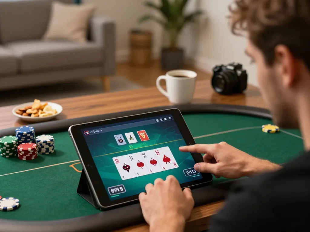 O8 player enjoying an engaging online poker game on tablet in a cozy living room