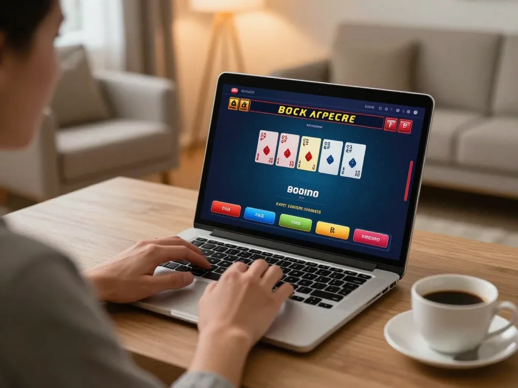 Person playing baccarat online at home using https://go8.agency/ with vibrant laptop screen showing gameplay.