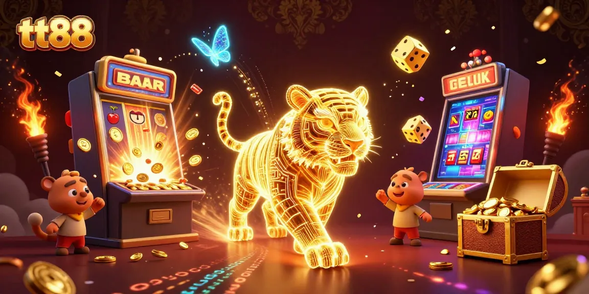 Experience the thrill at TT88 with the vibrant, dynamic casino scene featuring a neon-wireframe tiger and exciting game elements.