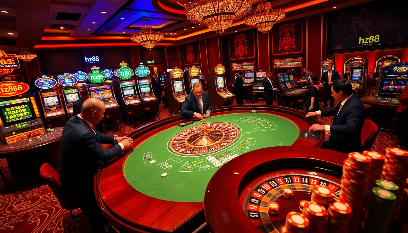 Experience the thrill of gambling with hz88 at a lavish casino, filled with poker chips and roulette.