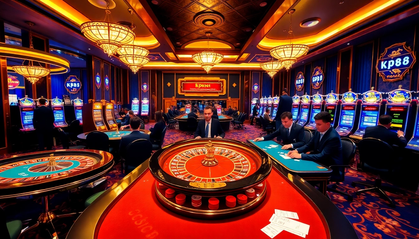KP88 casino players enjoying high-stakes poker surrounded by vibrant slot machines.