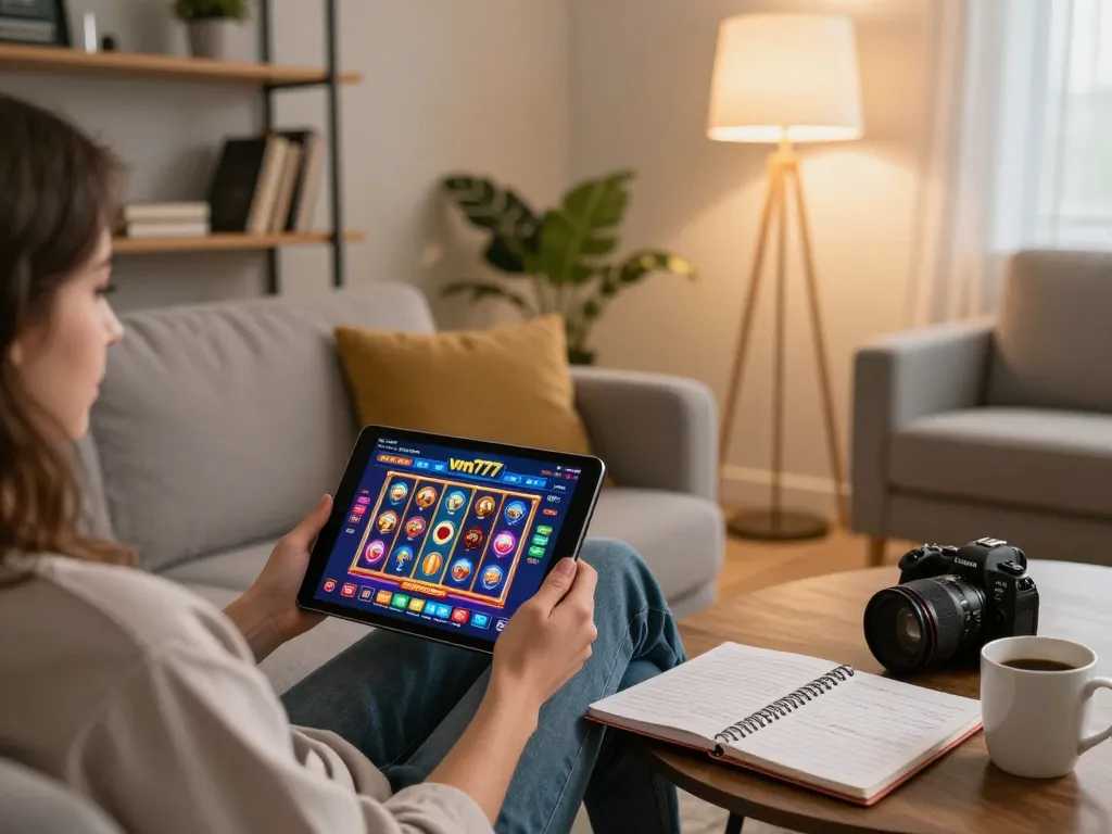 Suasana menarik seorang pemain menggunakan tablet vm777 untuk slot online, lingkungan rumah yang nyaman dengan catatan strategi dan pencahayaan hangat.
