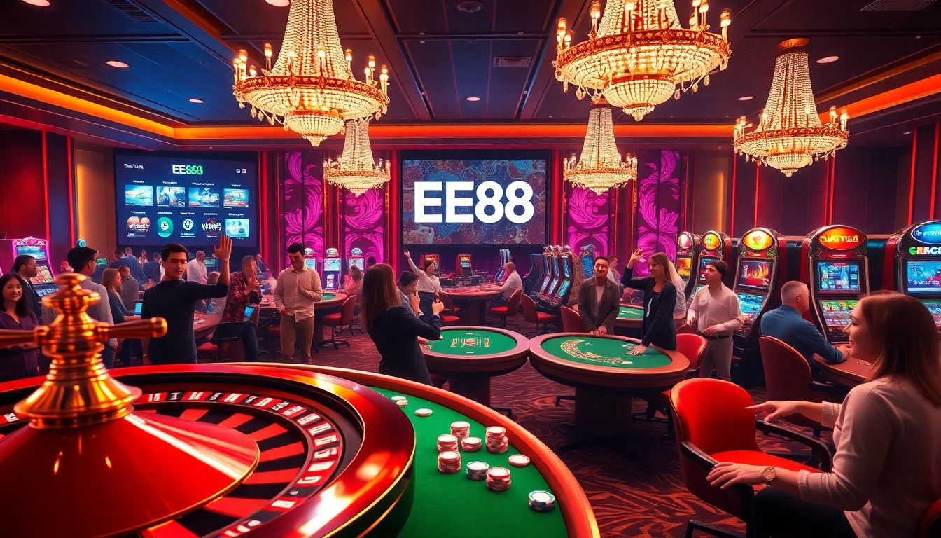 Players enjoying games at EE88 casino, featuring roulette, poker, and slot machines.