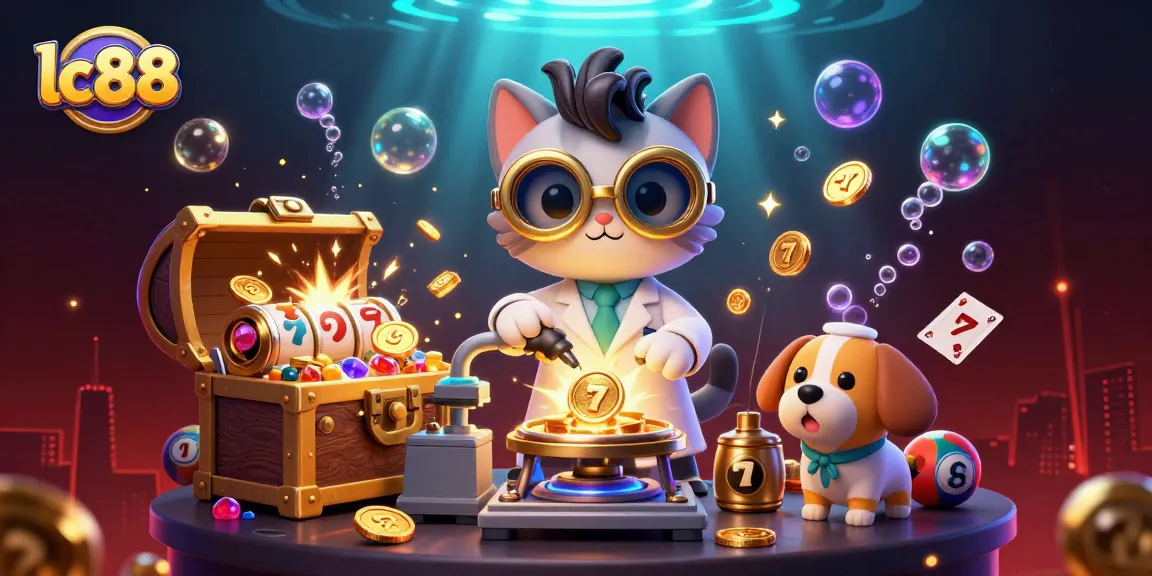 Experience thrilling gaming adventures with lc88's cartoon mad scientist and vibrant casino elements.
