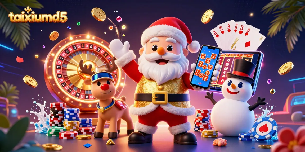 Experience taixiumd5 with Santa engaging in jackpot slots surrounded by vibrant casino elements.