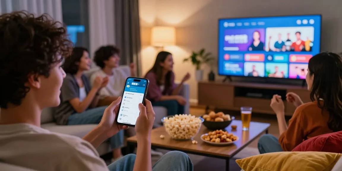 Friends enjoying a movie night with Pikashow APK download on smartphone, popcorn on the table.