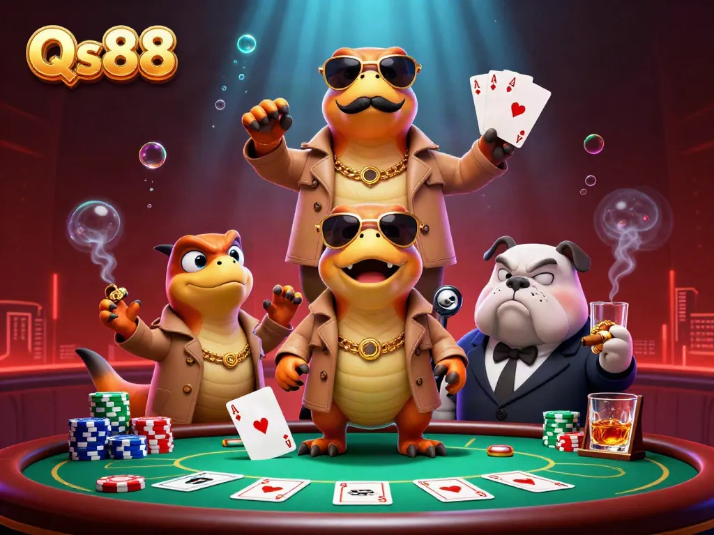 Experience thrilling gameplay with Qs88 in a lively casino setting featuring unique characters.