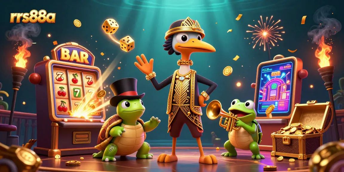 Experience the vibrant world of rrs88a with a lively 3D casino illustration featuring unique characters and dynamic game elements.