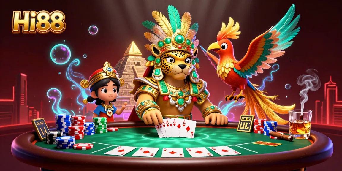 Play poker with Hi88's vibrant Mayan-themed casino illustration featuring dynamic game elements.
