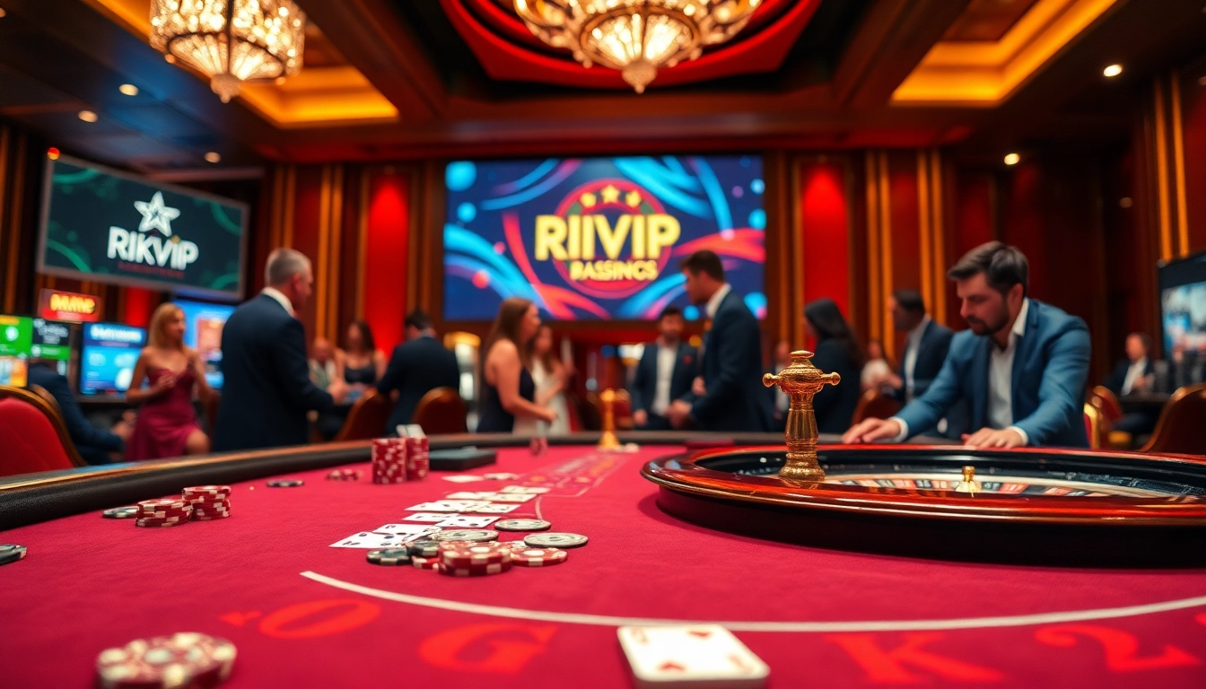 Players enjoying an exciting game at rikvip casino, showcasing a vibrant blackjack table and roulette wheel action.